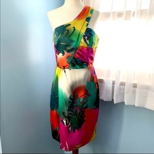 One shoulder tropical print silk dress perfect for weddings